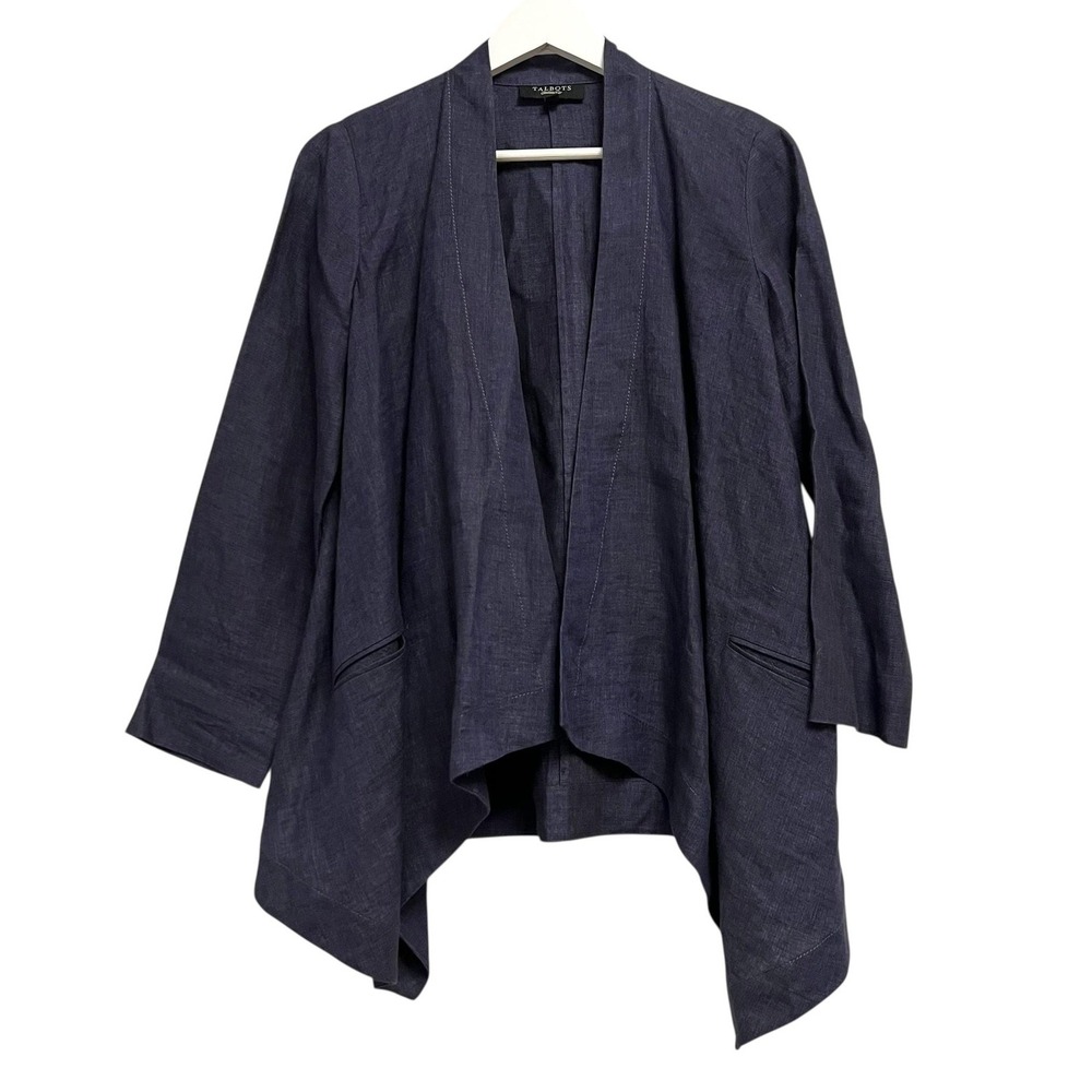 Talbots Jacket Womens 4 Blue 100% Linen Open Front Kimono Pockets Lightweight
